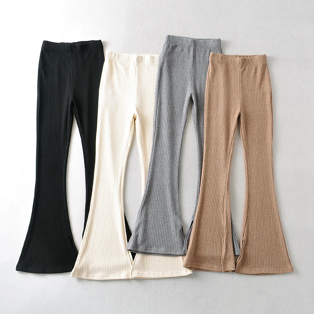 

Autumn and Winter Four-color high waisted slim-fit knitted trousers women's tight fitting leg length side slit casual pants
