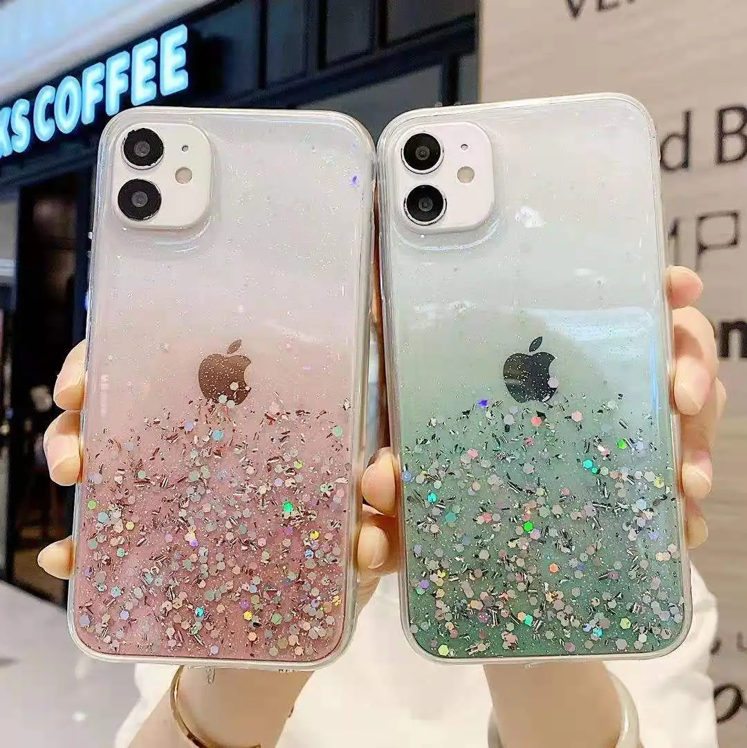 

Customizable Gradient Color Glitter Printed Soft TPU Semi-clear Casing Handphone Mobile Phone Cover Case, Purple, blue, white