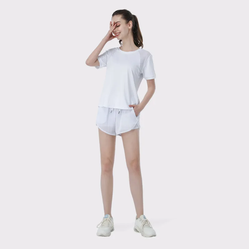 

3D Max Spring Two Piece set Women's Mesh Stitching Fitness Running Breathable Short Sleeve Loose Shorts Yoga Set Gym Clothing, Optional