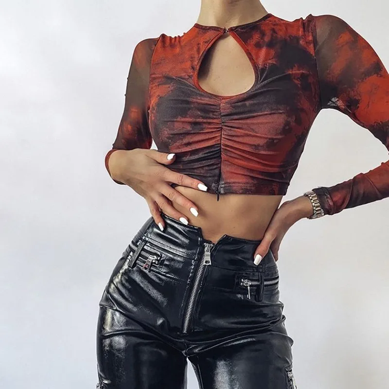 

Yingchao 2021 Fashion Hot New Sexy Basic Casual Zipper Printed Bodycon Long Sleeve Hollow Out Crop Top Shirt Women T-shirt Party