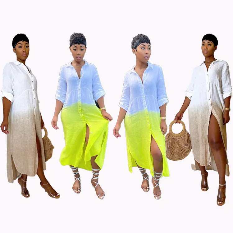 

Fashion casual summer contrast color slit woman long shirt dress, Yellow,khaki