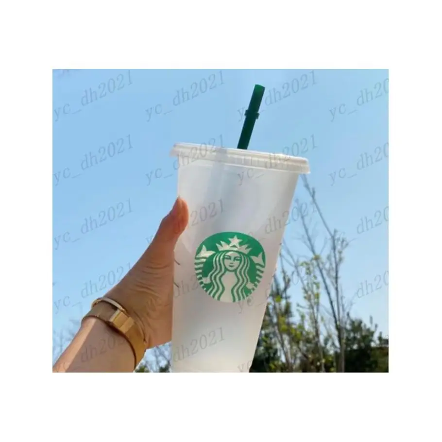 

24Oz710Ml Starbucks Plastic Tumbler Reusable Clear Drinking Flat Bottom Cupslids With Individually Packaged Straws 5Pcs Shipping