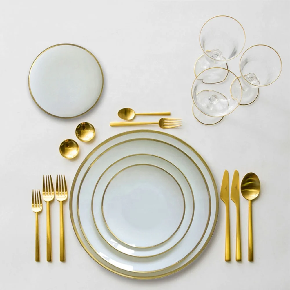 

New Arrival Kitchen Utensils Christmas simple white ceramic dinner plate set gold rim wedding tableware plates sets dinnerware, As shown