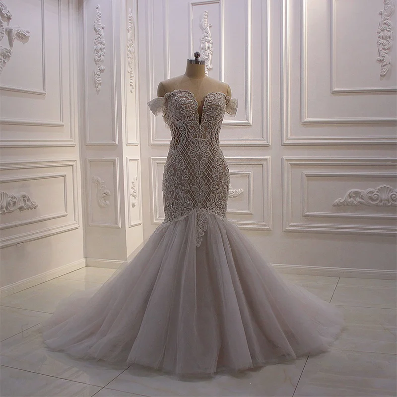 

Ns3931 Plus Size Wedding Luxurious Off Shoulder Mermaid Lace Wedding Dress, Ivory