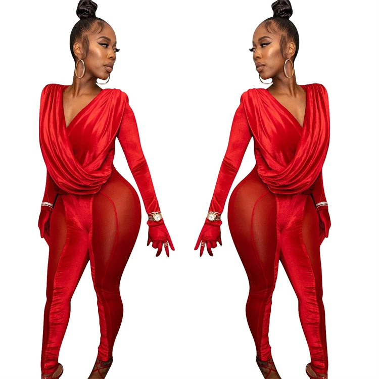 

D11128 fall clothes for women 2021 new velvet mesh temperament sexy women jumpsuit with long sleeve, Red