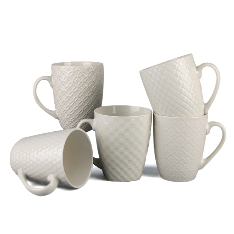 

Factory Direct Sale Creative Embossed New Bone China White Ceramic Mug Coffee Ceramic Cup White Emboss Ceramic Mug, Customized colors acceptable