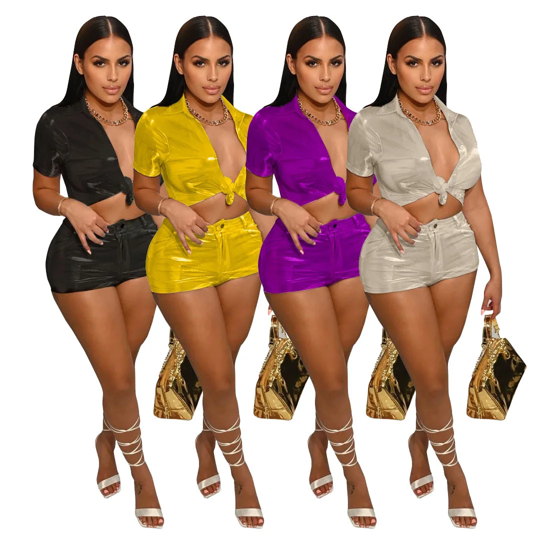

High Quality Summer Woman Solid Color With Buttons Lapel Crop Top Shorts 2 Piece Set Women Short Sets