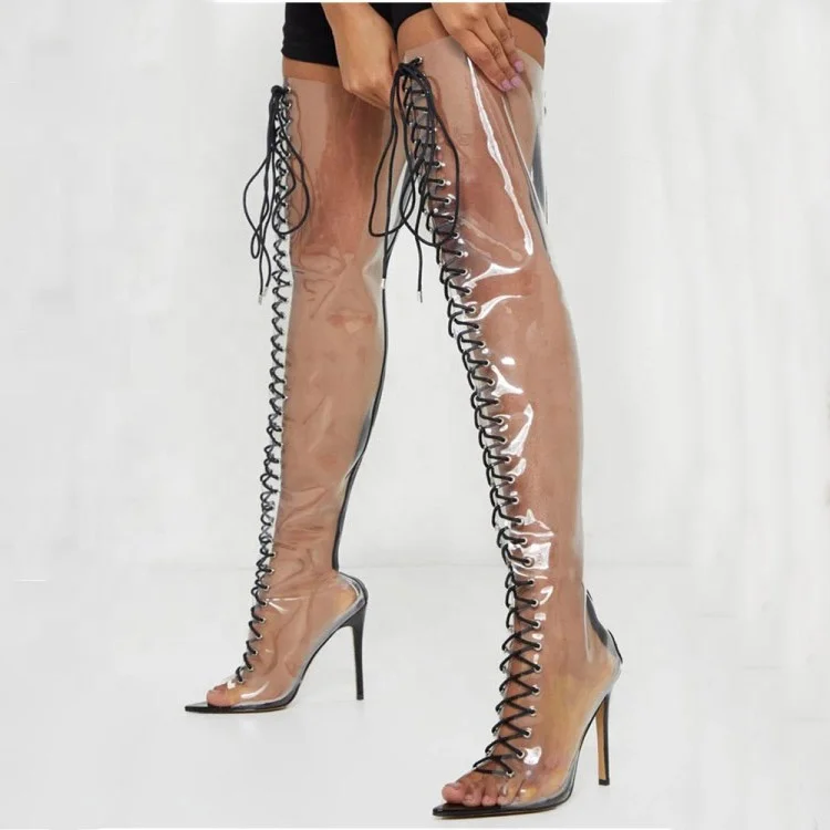 

Big Size 43 Western Fashion Pointed Toe Clear Women Over Knee High Boots Front Lace Up Sexy Women High Thin Heel Long Booties