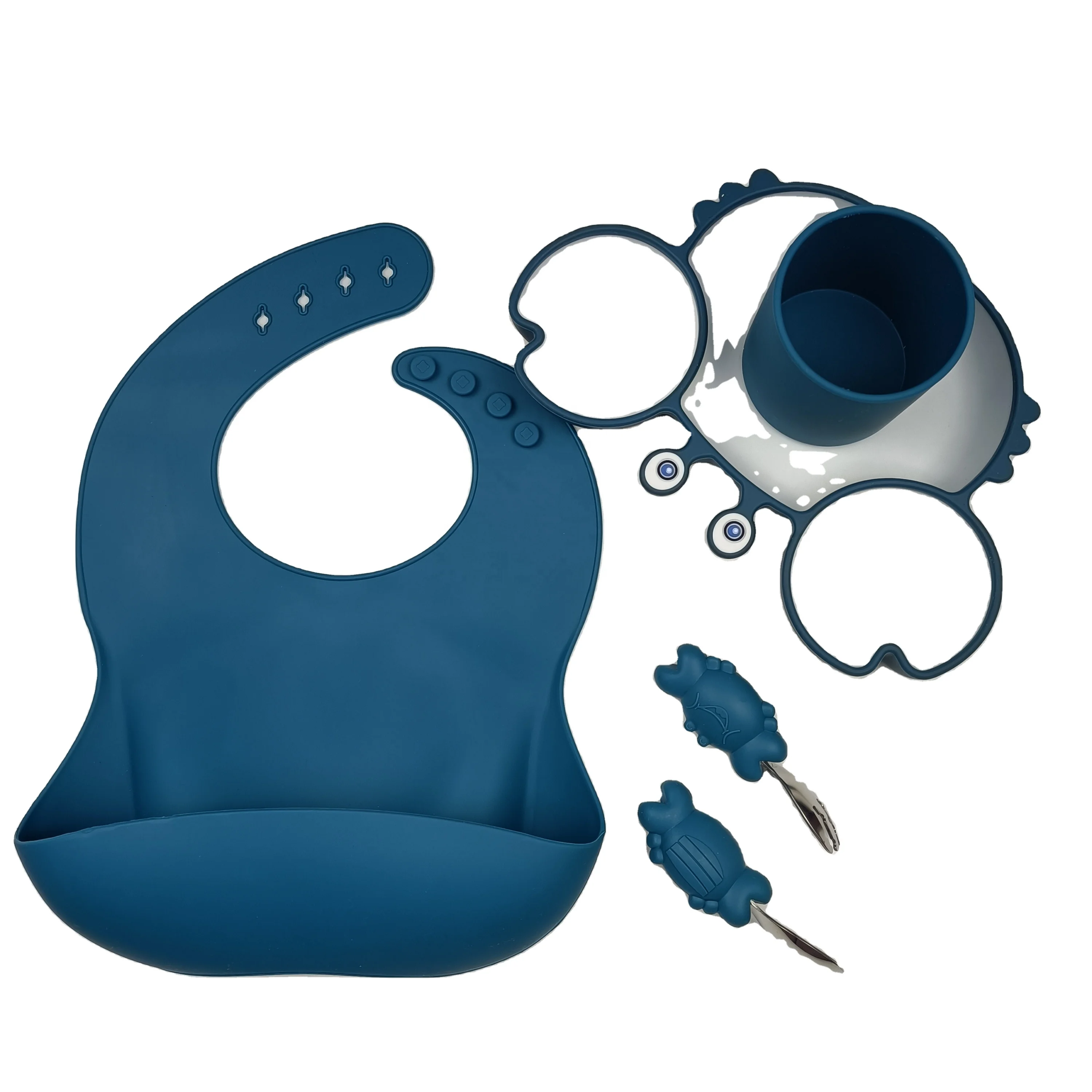 

Food Grade Silicone Crab Plate Bib Drinking Cups Set Baby Water Cup Training Cup for Kids, Blue, pink or customized