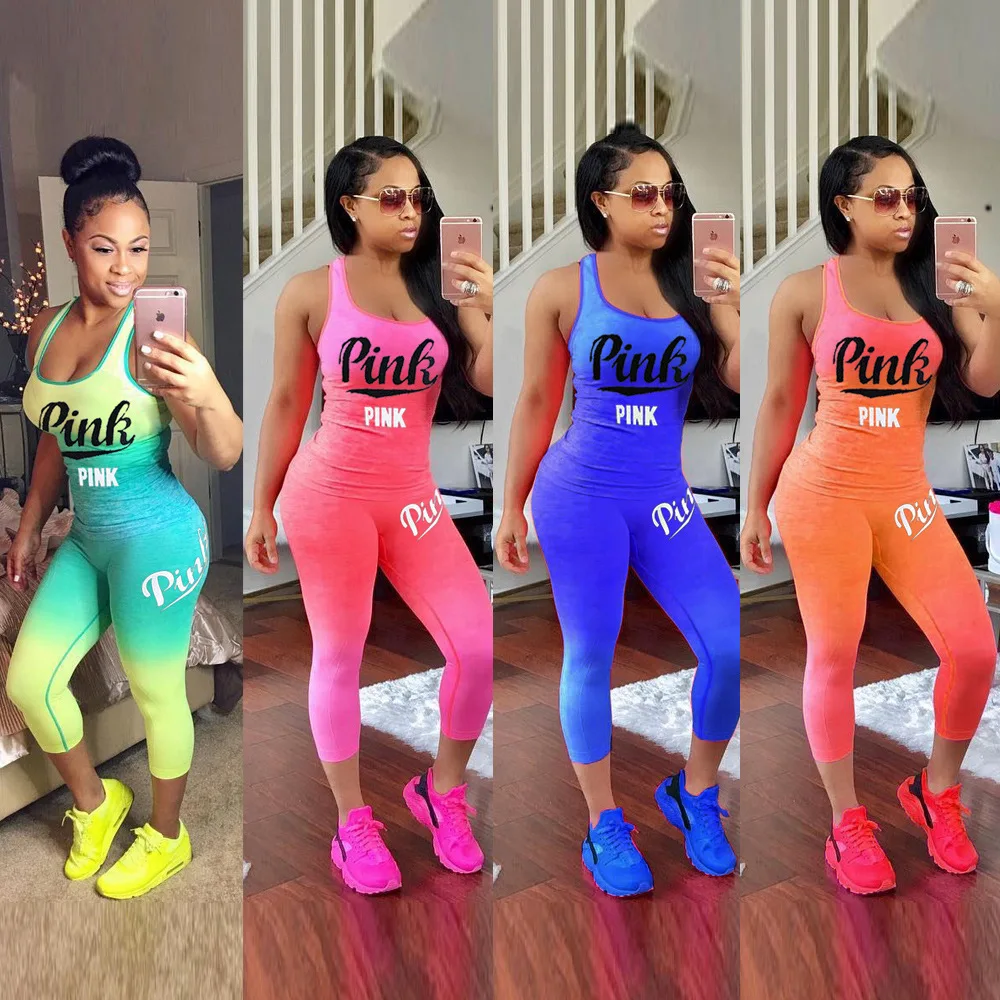 

Wholesale Sleeveless Summer Tank Mix Colour Letter Printed Pink Jumpsuit Trendy Two piece Ladies Set Tracksuit Women