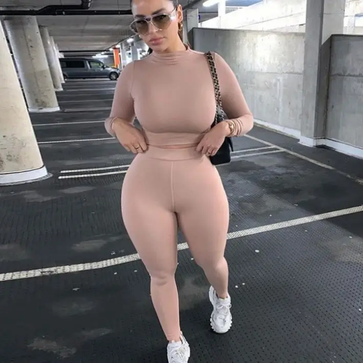 

Fashion tracksuit women turtleneck full sleeveless crop top+leggings matching set stretchy sporty fitness casual outfits, Black