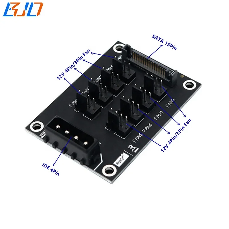 

8 Way 12V 3Pin / 4Pin PWM Fan Splitter Hub Controller with SATA and Molex 4 Pin Power Connector, Black