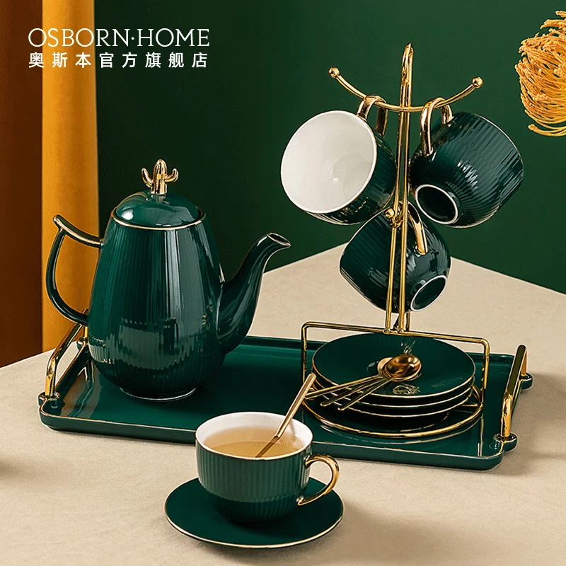 

OSBORN Light luxury ceramic teapot kettle tea cups gift set with Shelf, Picture