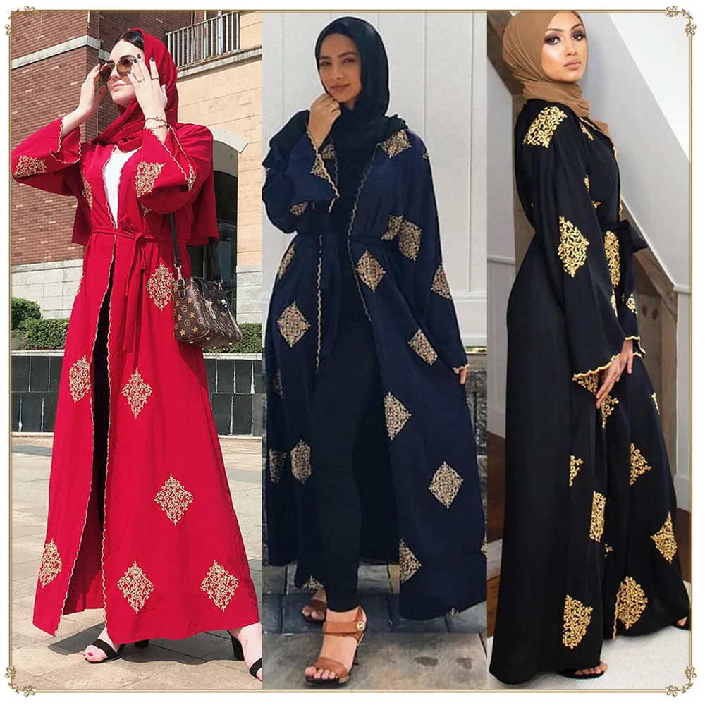 

High Quality Women Muslim Abaya Drawstring Robe Embroidery Printed Gown Cardigan Dubai Turkey Arab Ethnic Clothing Abaya, As shown