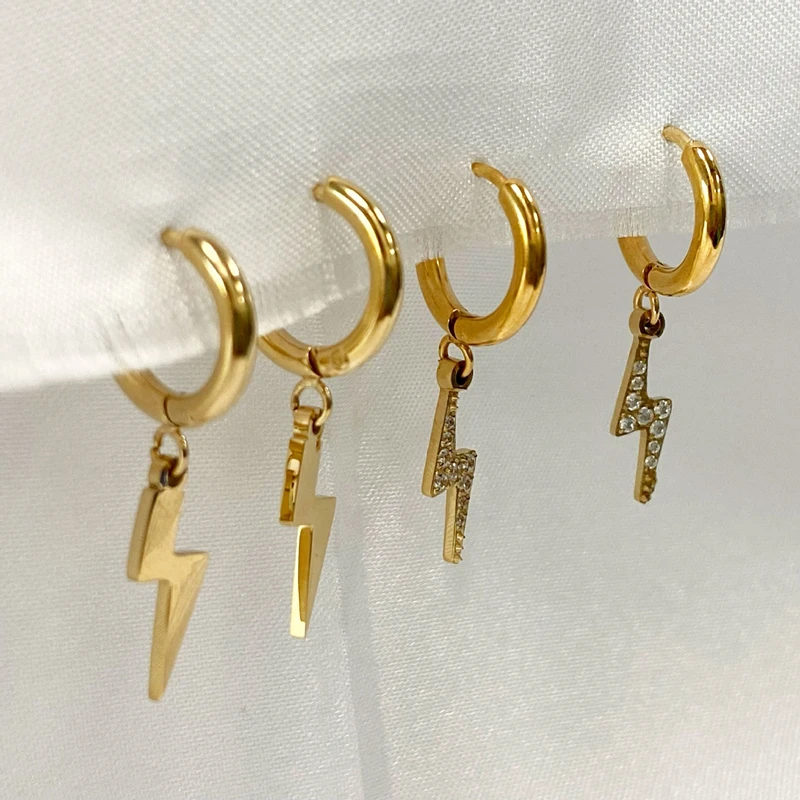 

MICCI Wholesale Custom Stainless Steel 18K Gold Plated CNC Paved Lightning Bolt Drop Hoop Earrings