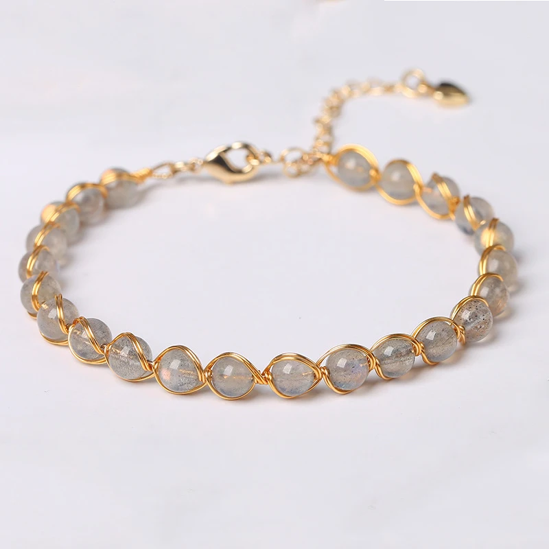 

Natural Moonstone wire wrapped crystal bangle Labradorite gemstone14K gold crystal stone bracelet women fine jewelry, Natural gemstone color