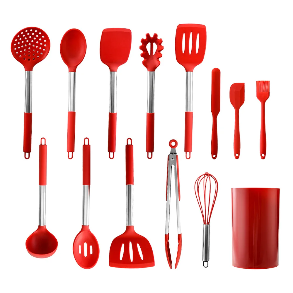 

Amazon 14 Piece Heat Resistant Cooking Silicone Kitchen Utensil Set with Stainless Steel Handle, Black/red