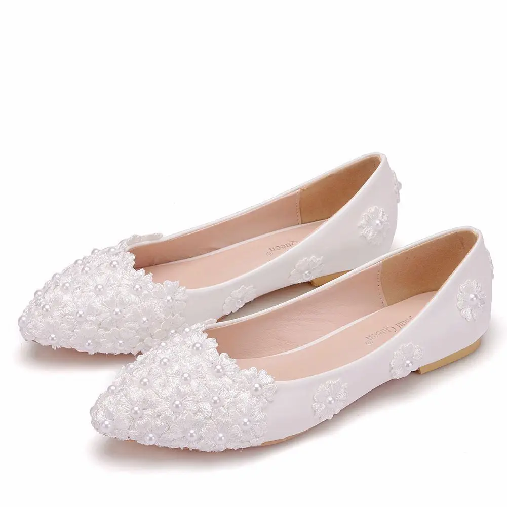 

Ballet Flats White Pearl Lace Wedding Shoes Pointed Toe Flats Women Wedding Princess Flats