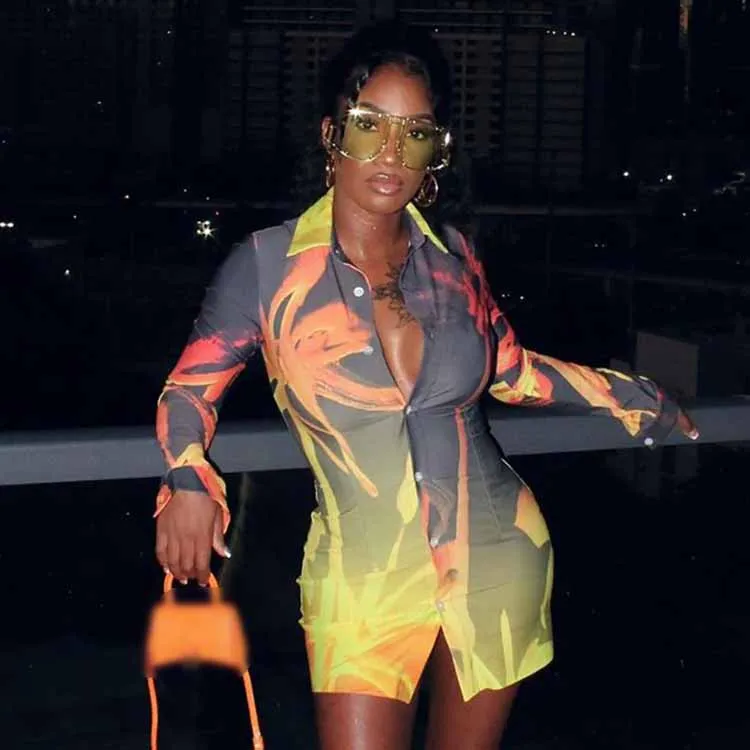 

New Fashion Autumn Dresses Lady Contrast Color Long Sleeve Woman Print Shirt Dress, Yellow,gray
