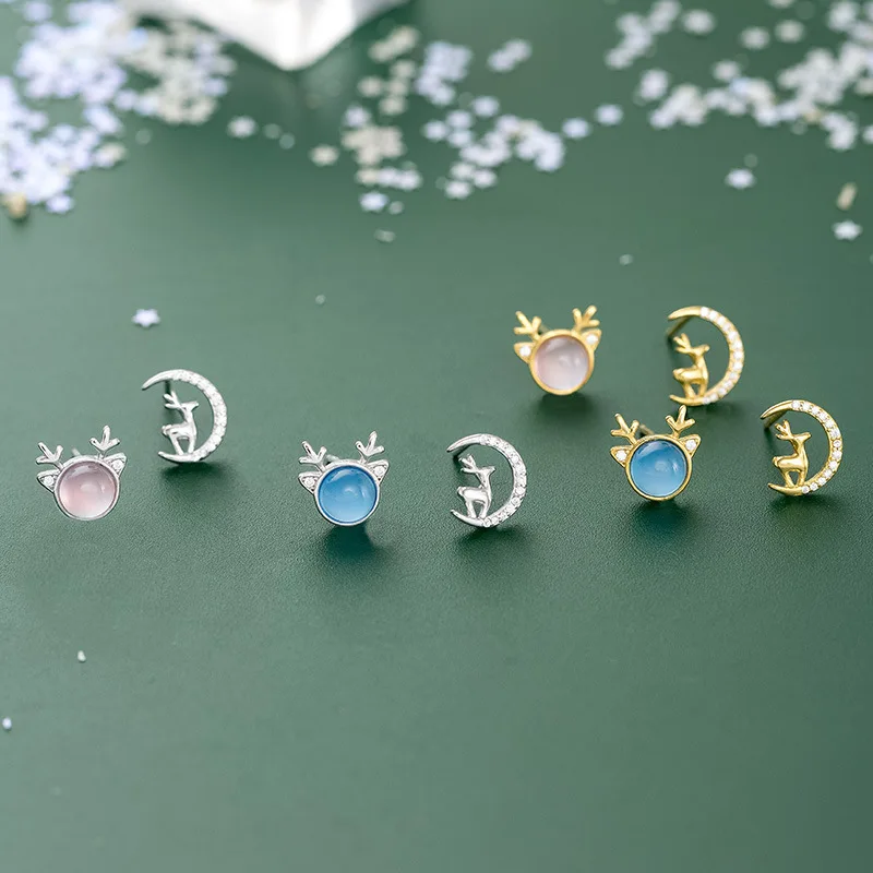 Fashion Earrings Jewelry 925 Sterling Silver Christmas Earring Elk Deer Moon Cats-eys Stone Gold Plated Stud Earrings for Women