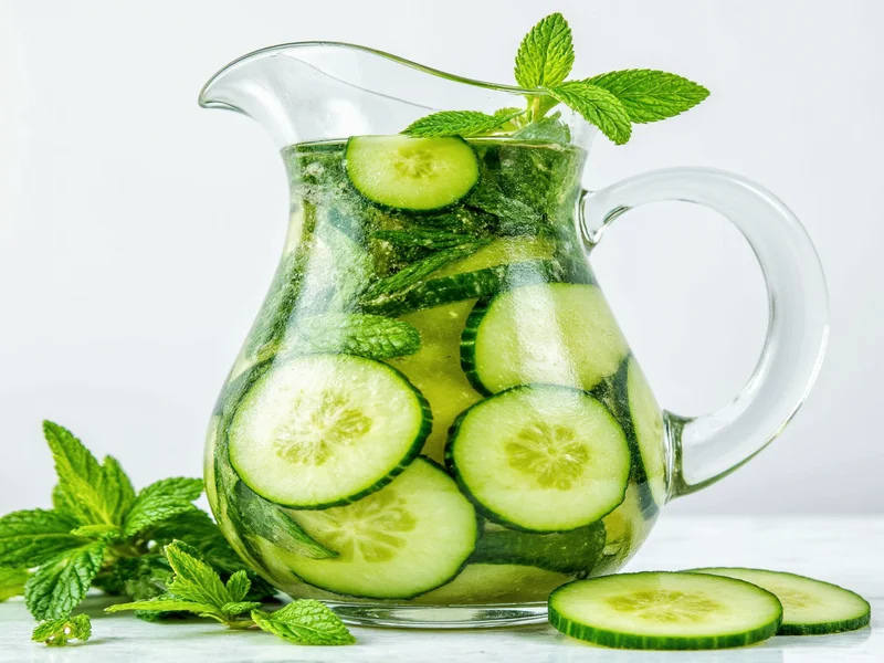 Fresh cucumber mint detox water in glass pitcher