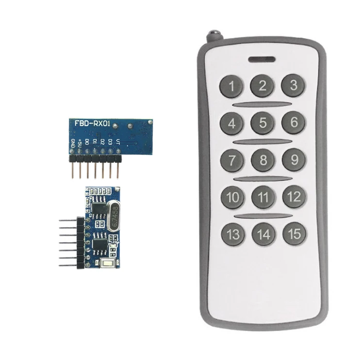 

433MHZ learning code 15key remote control + RF receiving module decode output high level signal, Black