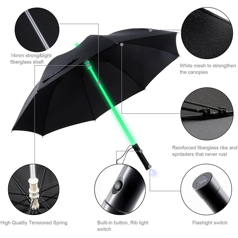 

Custom logo prints 7 color flashing illuminations cool blade laser sword runner light saber style LED golf umbrella, Customized color acceptable