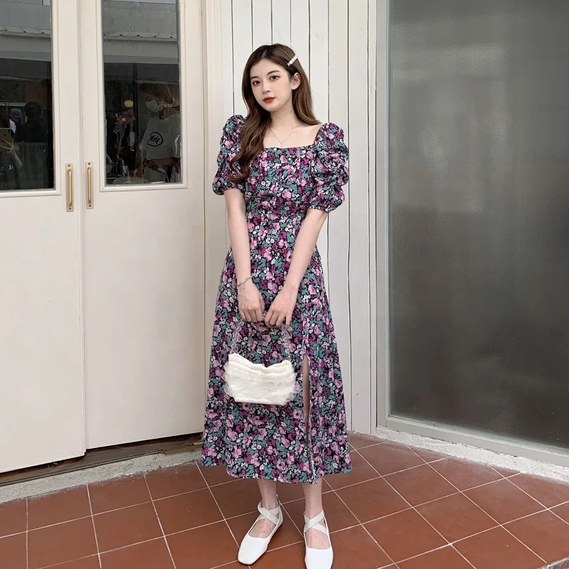 

Women Summer 2021 Short Sleeve Square-neck Casual Chiffon Floral Maxi Dresses