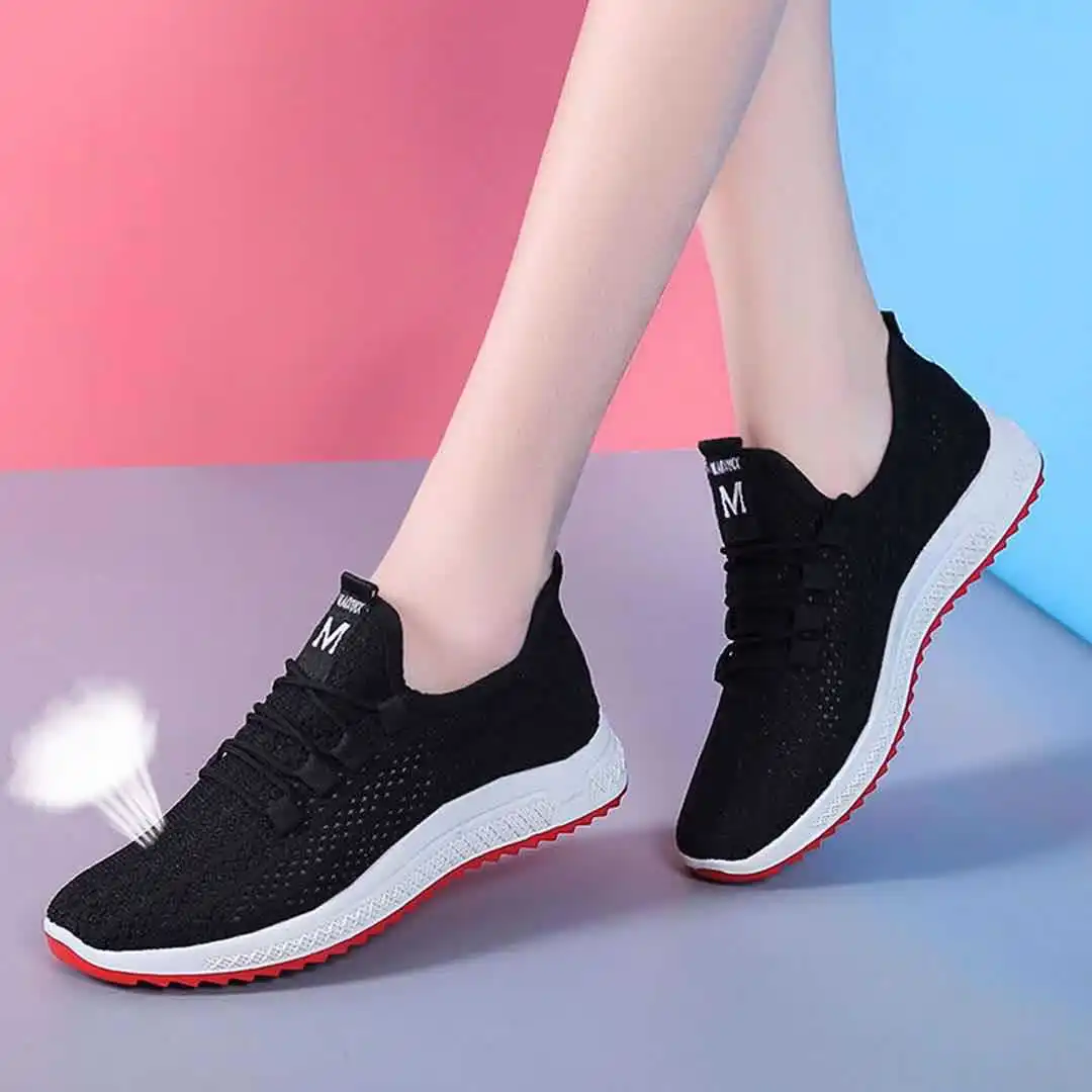 

China Factory Seller casual shoes lady black mesh sneakers Rope Shoelaces flat shoes women 2021, Black red/black purple/white red
