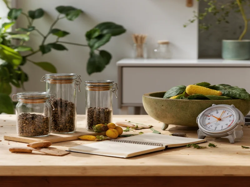 DIY tea lab setup with jars, scale, and notebook on wooden table