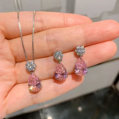 

Bling Bling Zircon Necklace Earrings Jewelry Set Korean INS Gold Plated Pink Diamond Drop Shape Jewelry Set For Gift