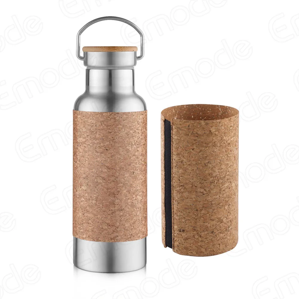 

RCS Reusable Recycled Leak-Proof Vacuum Insulated Metal Stainless Steel Drinking Water Bottle With Cork Sleeve Bamboo Lid