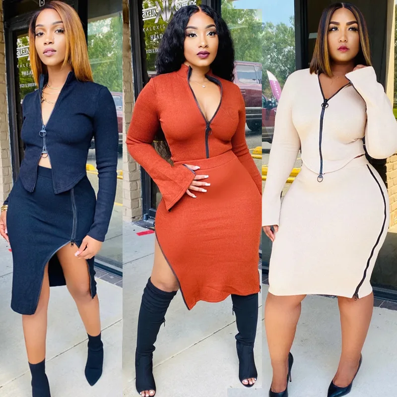 

2020 New Arrival women solid color deep V neck zipper long sleeve slit skirt dress set two piece set