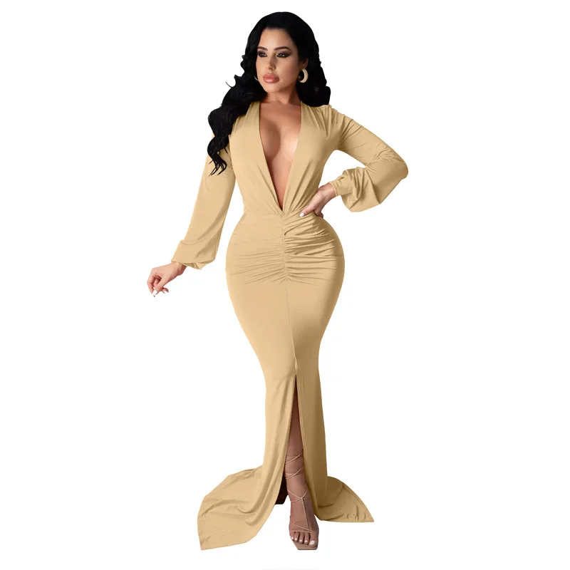 

TOB 2021sexy v neck long sleeve maxi dress high waist ruched bodycon women mermaid evening dresses BK735