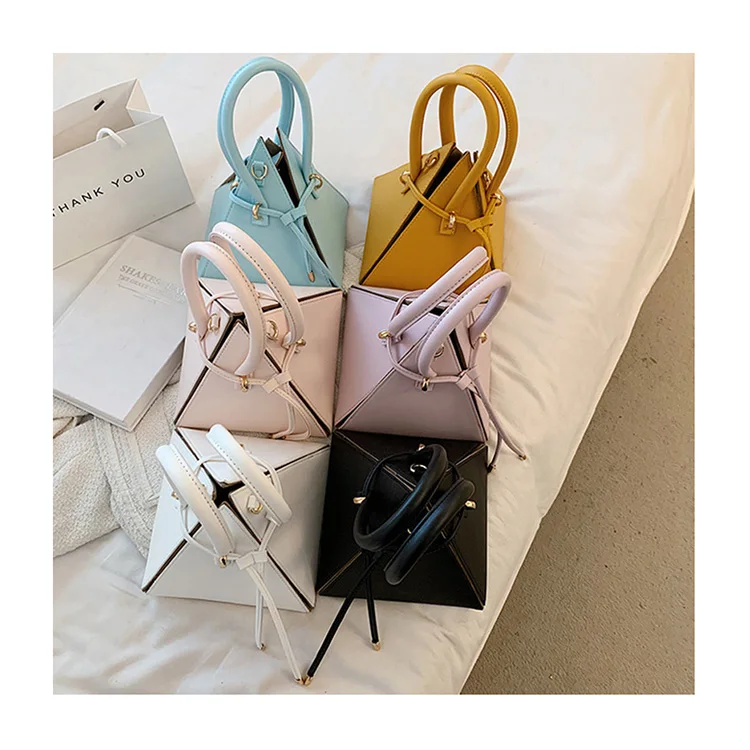 

Designer Solid Color Triangle PU Tote Women String Clutch Purses Trendy Pyramid Handbags Lady Famous Brand Crossbody Bags Bolsas