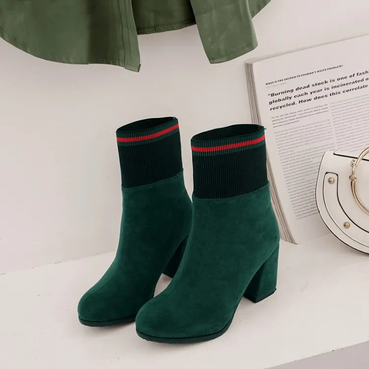 

Big Size Boots Women Shoes for Ladies Color Matching Thick Round Head with Sleeve Ankle Boots, Black/green