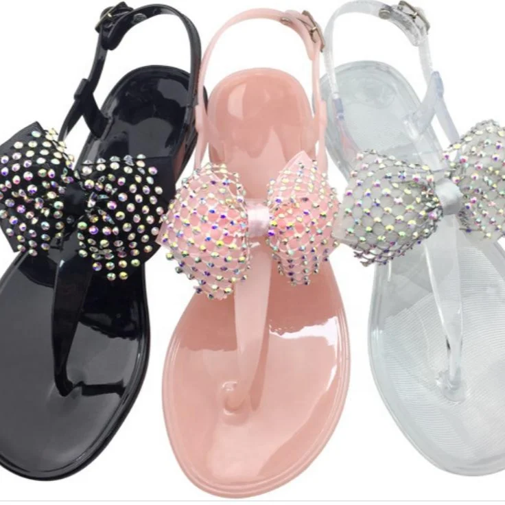 

2020 fashion jelly pvc rhinestone bow tie women sandals for women and ladies flip flops plus size, Black,pink,transparent