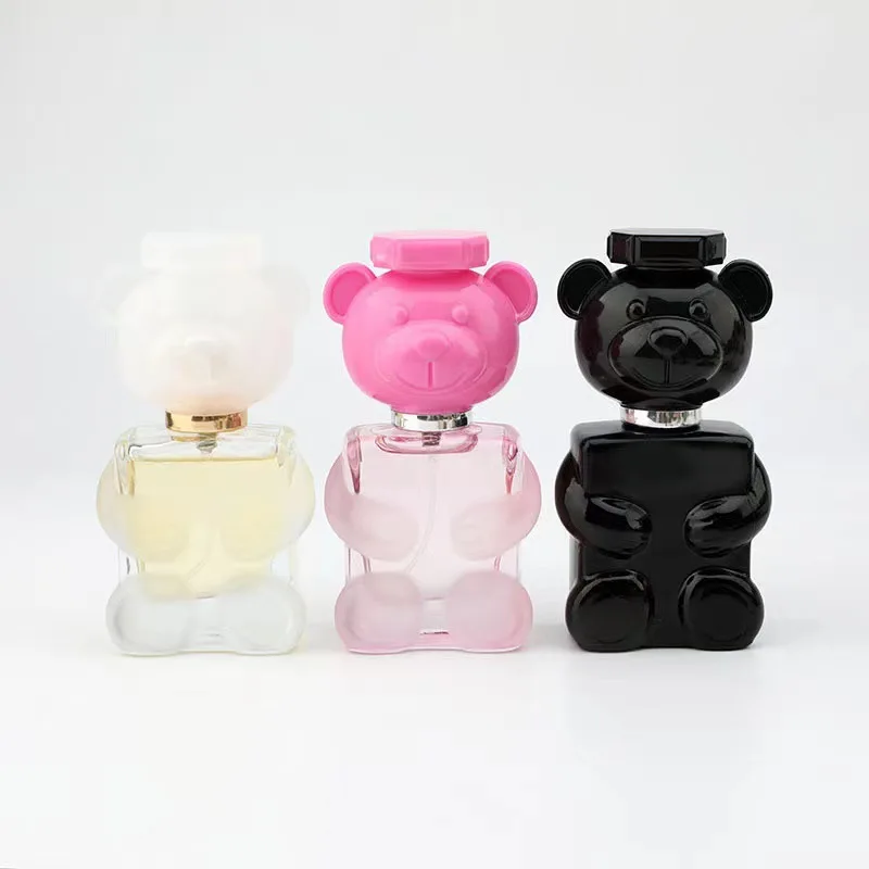 

Cute design bear shape pink blue black colored perfume bottle 30ml custom glass perfume bottle