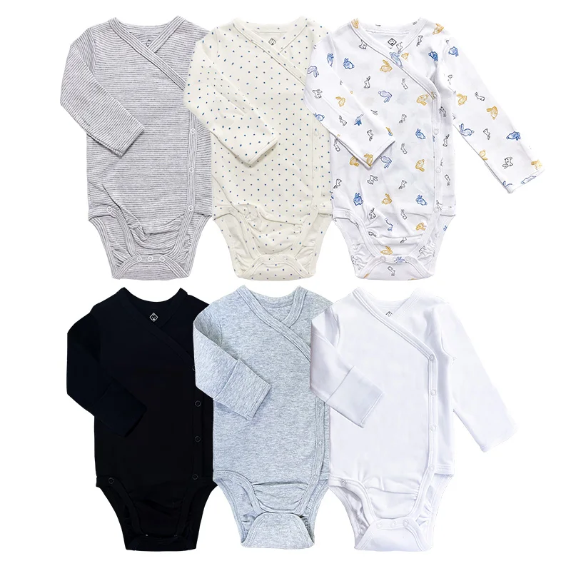 

High Quality Organic Cotton Newborn Baby Clothes Unisex Solid Color Kimono Onsie Bodysuit Baby Long Sleeve rompers, Mix color