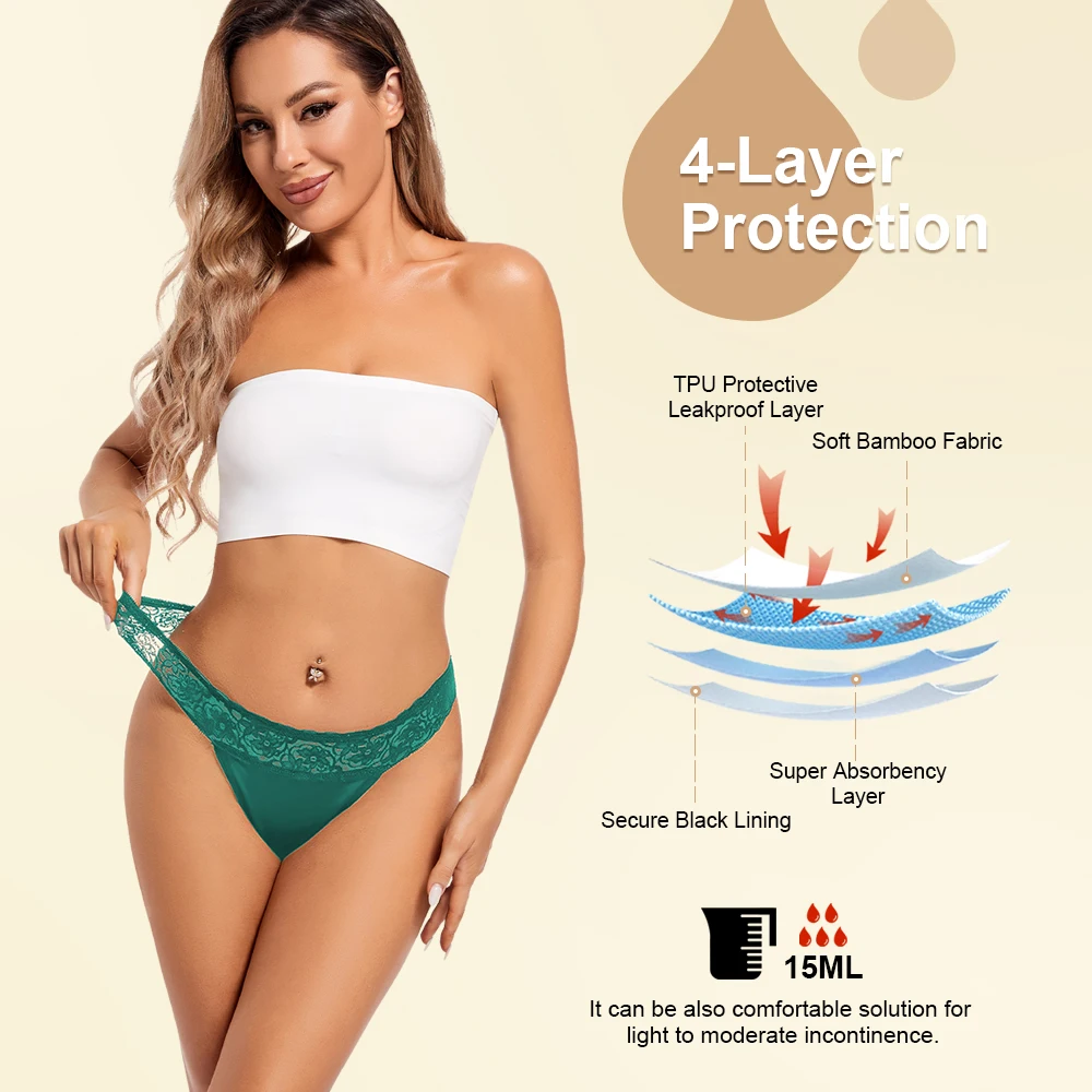 Shanhao Womens Cotton Low-Rise Solid Leakproof Thong Panties Light Flow for Lace Menstrual