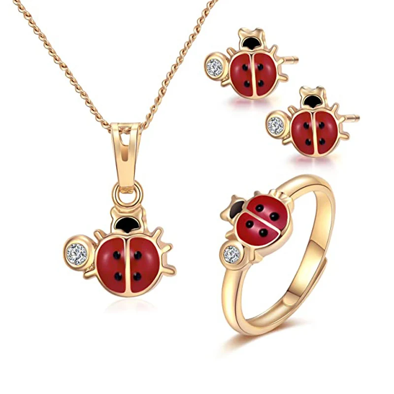 

Hot Sell 18K Gold-Filled Red And Black Zircon Ladybug Pendant Necklace Rings Earring Set Jewelry For Kids Gift, Gold rose gold silver