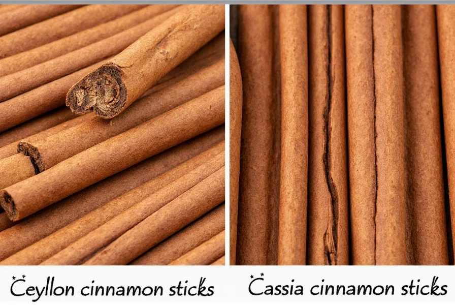 Side-by-side comparison of Ceylon cinnamon sticks (multiple thin layers) and Cassia cinnamon sticks (single thick layer)