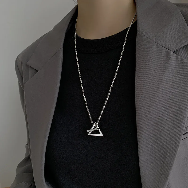 

New Style Stainless Steel Geometric Triangle Pendant Necklace Wild Geometric Pattern Long Sweater Necklace