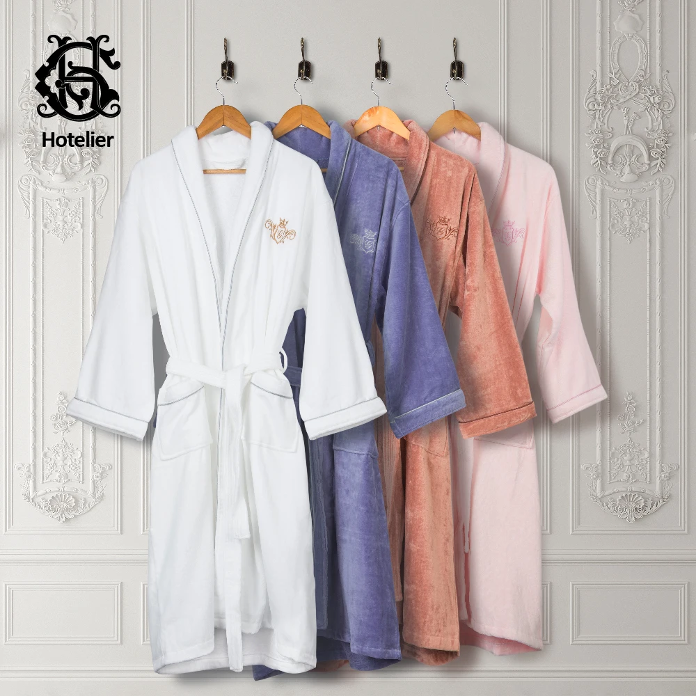 

New Design Luxury Comfortable Designer 100% Cotton White Hotel Terry Bathrobe Plush Velour Custom Bath Robe For Women and Man