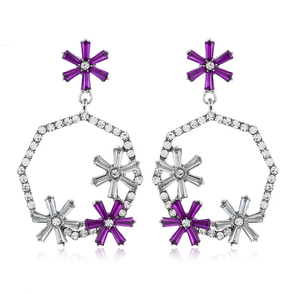 

High quality crystal drop earrings flower red octagon statement leaf purple elegant fashion jewelry for women, Picture