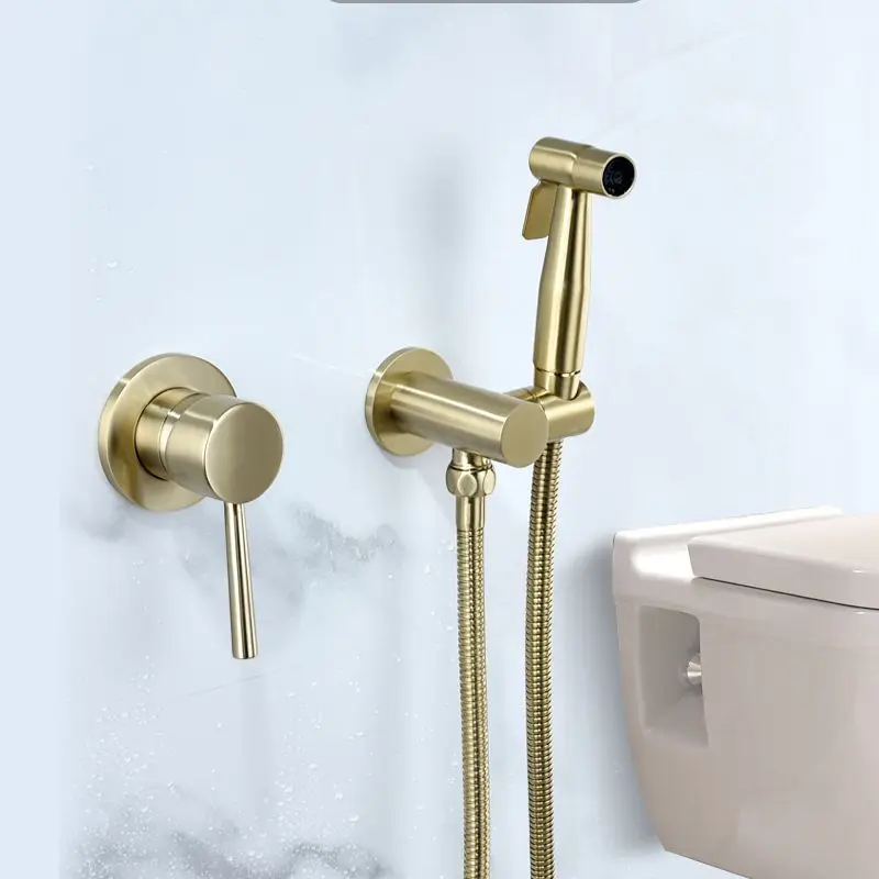 

Brushed Gold Toilet Bidet Shattaf Round Sprayer Douche Kit Hot And Cold Faucet Mixer Valve Toilet Bidet Set