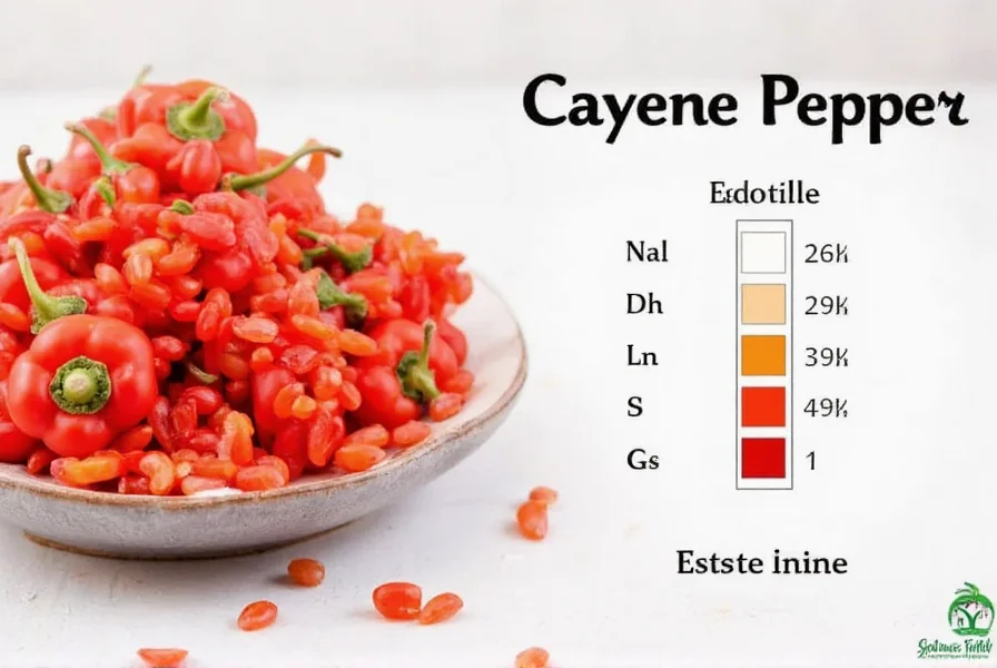 Close-up comparison of fresh cayenne peppers next to Scoville scale chart showing heat measurements