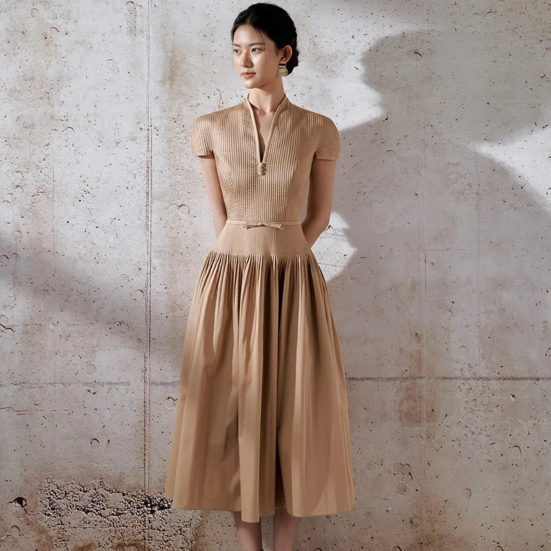 Boutique Wholesale 2026 Spring New Solid Color Temperament Mid Length Pleated Skirt Annual Meeting Dress Women's Dress