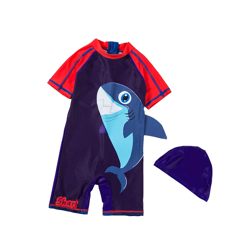 

Kids beach leisure sportswear, sun hat, boys and children, one-piece swimsuit, swimming trunks, quick-drying, pattern: fat shark