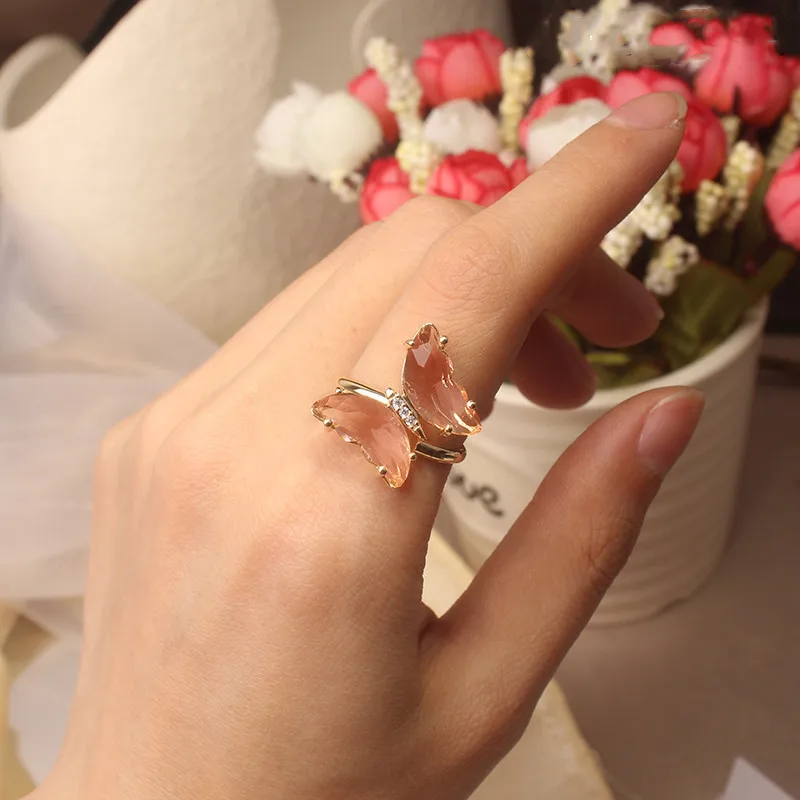 

2020 New Colorful Multi Color Butterfly Transparent Crystal Zircon Diamond Inlaid Personality Lovely Opening Butterfly Rings